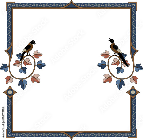 Ornate framework with leaves and stylized birds. 
