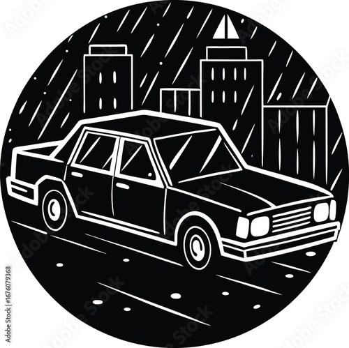 Vector art of classic sedan driving through a city street at night with rain, black and white illustration