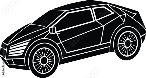 Vector art of sleek, modern sports car in a black and white graphic style, emphasizing its aerodynamic design