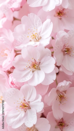 Close up of pastel pink cherry blossom flowers blooming with yellow stamens and soft petals