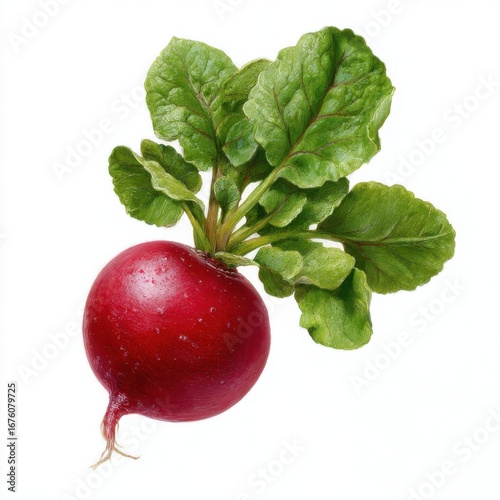 Freshly harvested red radish with green leaves isolated on white background
