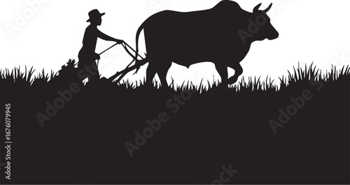 Farmer Plowing Field with Ox Silhouette Vector Illustration