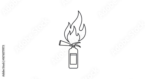 Line drawing of fire extinguisher engulfed in flames.
