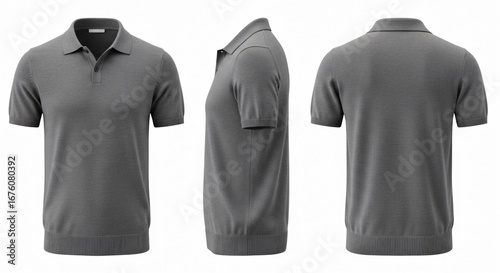 Grey Polo Shirt Front Side Back Views Isolated.