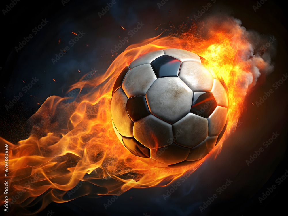 Fototapeta premium Fiery soccer ball engulfed in flames and smoke with glowing embers against a dark background football