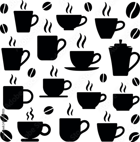 Black and white seamless pattern with steaming coffee cups and coffee beans ideal for restaurant or cafe themes