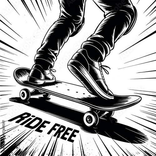 Black and White Skateboard Illustration Featuring a Person Riding with Ride Free Text in Dynamic Style