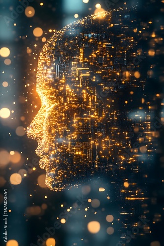 Abstract Digital Human Head Composed of Glowing Data Particles, Symbolizing Artificial Intelligence, Future Technology, and the Digital Mind