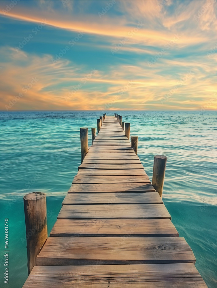 Obraz premium Wooden pier extending into turquoise sea at sunset.