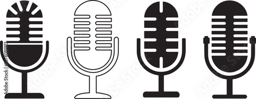 Retro microphone icons in outline and solid styles representing podcasting, music recording, radio broadcasting, voiceover, live performance, audio, media, and communication