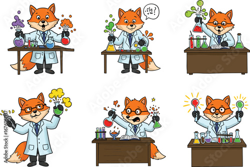 PrintCartoon fox scientist doing chemistry experiments with colorful flasks, test tubes, lab coat, glasses, explosions, reactions, and lab table illustrations