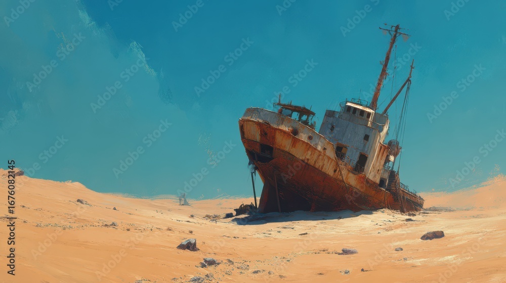 Fototapeta premium Abandoned Ship Surrounded by Desert Sands Under Clear Blue Sky