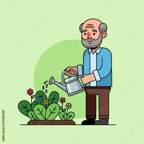 An elderly man with a beard and bald head is happily watering a small garden of colorful flowers and green plants with a grey watering can.