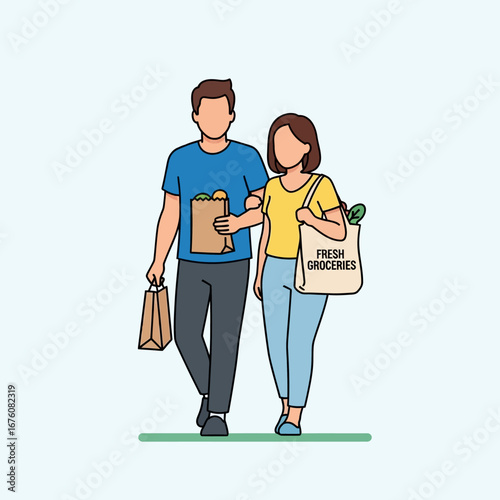 A couple walking together, holding grocery bags, enjoying a shopping trip, smiling.
