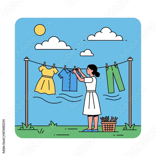 Woman hanging laundry on a clothesline outdoors on a sunny day.