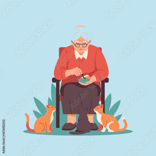 Elderly woman sitting comfortably in a chair, eating from a bowl with a spoon, accompanied by two domestic cats.