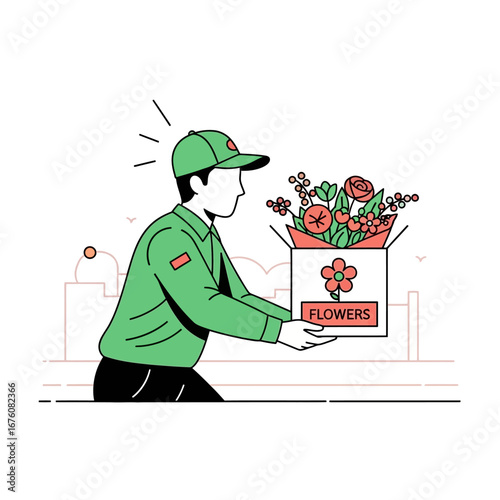 A delivery person in green uniform holding a box of colorful flowers for a customer.