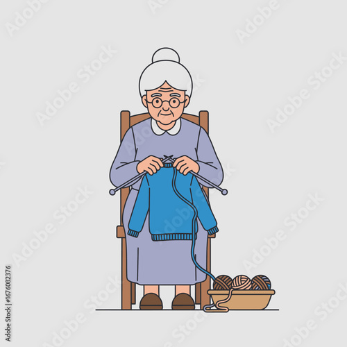 Illustration of an elderly woman knitting a blue sweater in a chair.
