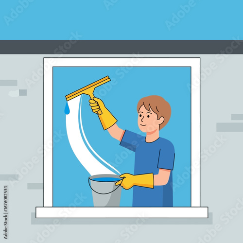 A young man wearing yellow gloves is cleaning a window with a squeegee and a bucket of water.