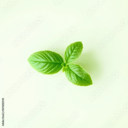 Fresh green basil leaves isolated on a light cream colored background with soft shadows