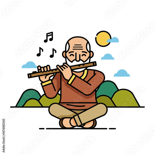 An elderly man with a white beard sits cross-legged outdoors playing a traditional wooden flute.