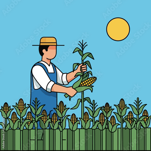 A farmer wearing overalls and a straw hat harvests corn from a field under a bright sun.