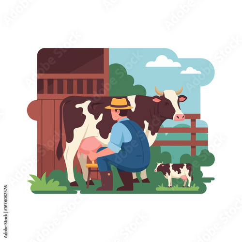 A farmer in a straw hat and overalls manually milking a cow into a bucket on a rural dairy farm with a calf and barn in the background.