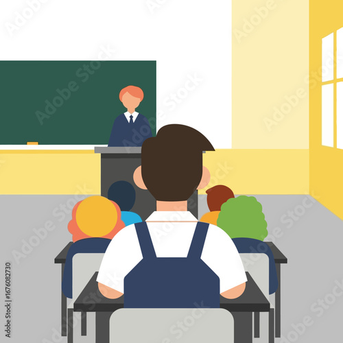 Students attentively listening to a teacher in a classroom setting.
