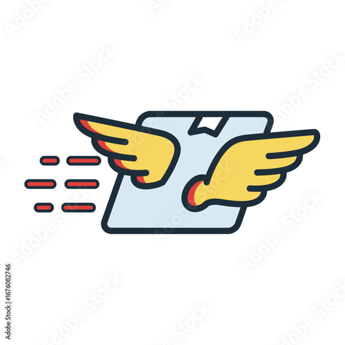 A stylized icon of a package with yellow wings, representing fast shipping, express delivery, and air mail service.