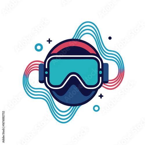 Virtual reality headset with abstract wave lines — tech lifestyle vector icon on white background