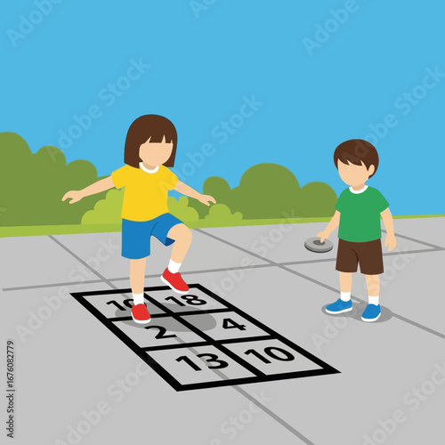 Children playing hopscotch on a sidewalk with numbered squares.