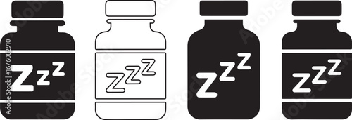 Sleep supplement bottle icons in outline and solid styles with Zzz symbol, representing melatonin, medicine, vitamins, health care, rest, relaxation, and bedtime wellness
