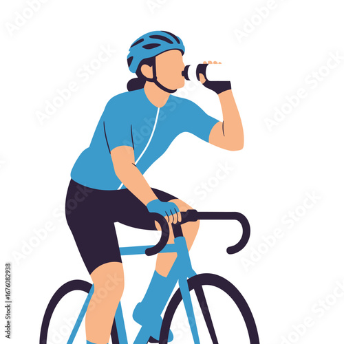 A cyclist in a blue jersey and helmet drinks from a water bottle while riding a bicycle.