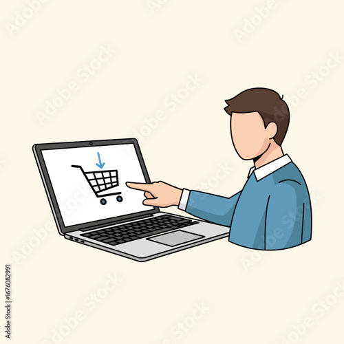 Man using laptop for online shopping, adding items to cart.