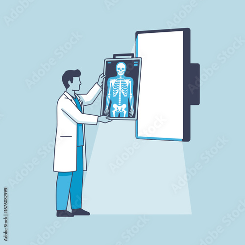 A doctor in a white lab coat carefully examines a full-body human skeleton X-ray on a light box.