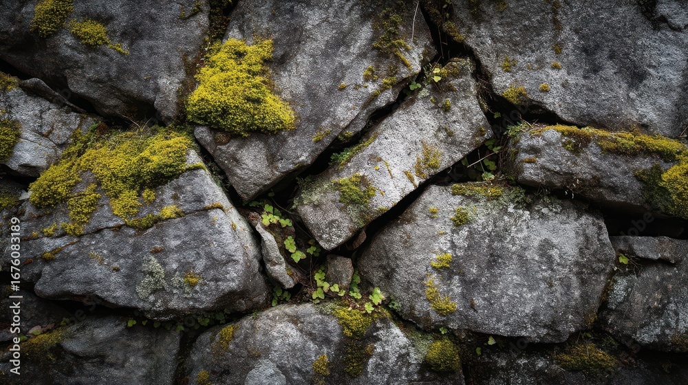 Fototapeta premium Ancient Cracked Stone Wall Covered With Green Moss and Lichen