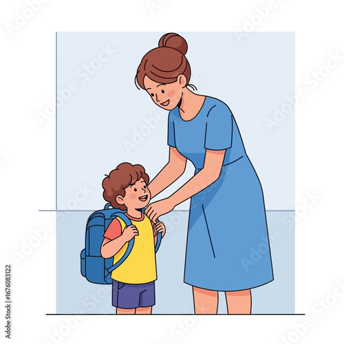 A mother helping her child with his backpack before school, showing love and support.