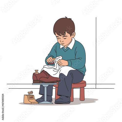 A young boy meticulously polishing shoes on a stool.