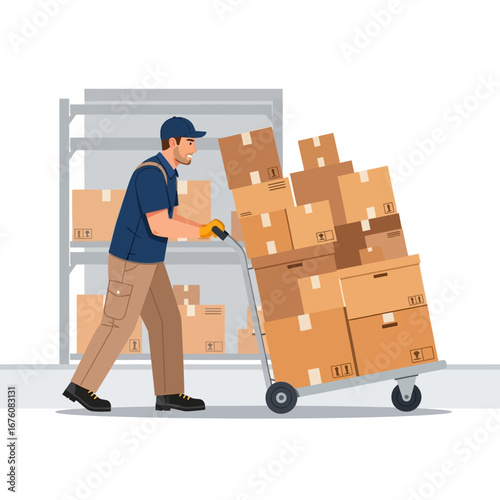 Warehouse worker pushing a handcart full of boxes.