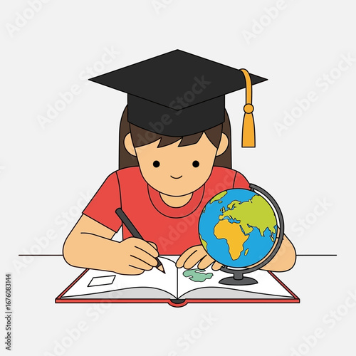 A cartoon illustration of a student wearing a graduation cap while writing in a book with a globe on the desk.
