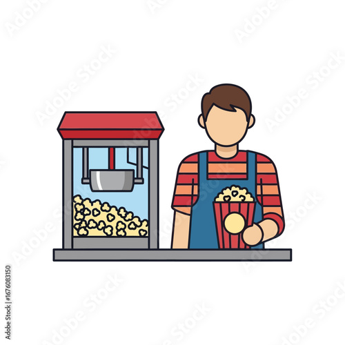 A person standing next to a popcorn machine holding a bucket of popcorn.