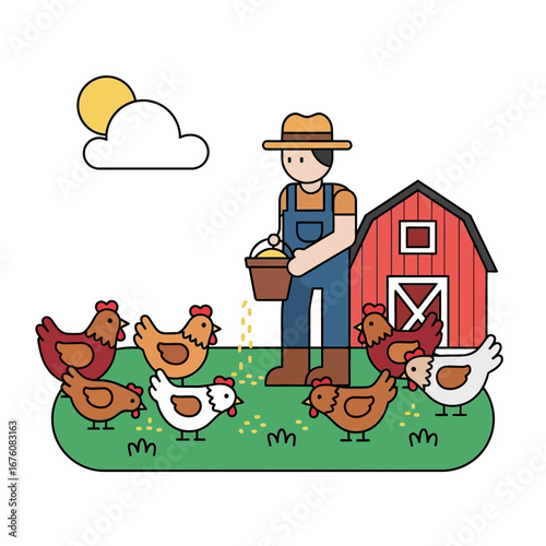 A farmer in overalls is feeding chickens with grain near a red barn on a sunny day.