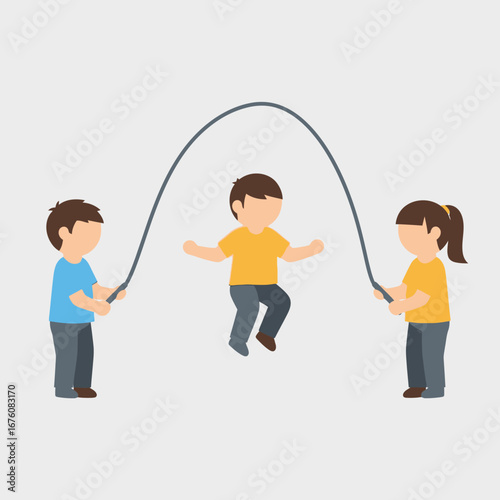 Cartoon illustration of three children playing jump rope together, having fun and being active.