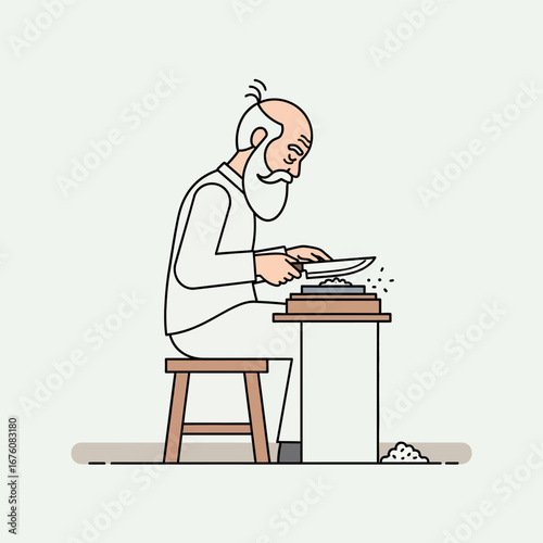 An elderly man sharpening a knife on a grindstone.