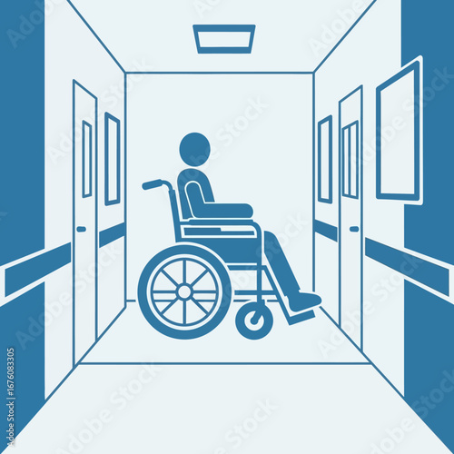 Illustration of a patient in a wheelchair in a hospital hallway.