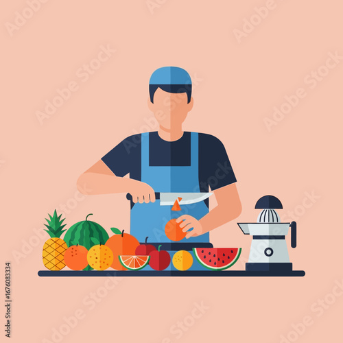 A male chef is preparing fresh fruits for juicing.