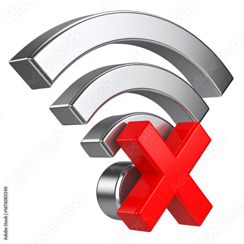3D Glossy WiFi Disconnected Icon with Metallic Antenna Bars and Red X, Angled Perspective, Isolated
