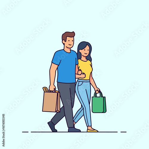 Illustration of a happy young couple walking arm in arm, carrying grocery bags after shopping together.