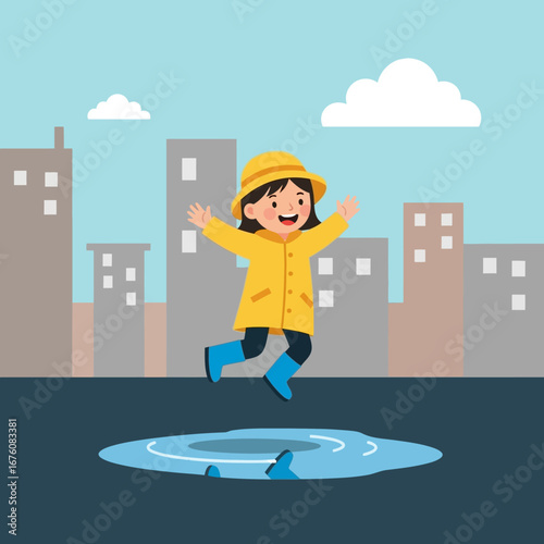 A girl in a yellow raincoat jumps in a puddle in the city.