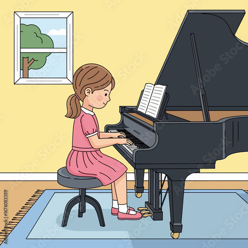 A young girl in a pink dress practices playing a black grand piano in a sunlit room.